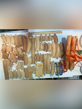 Wood Train Track, trees, and signs lot 65 + Pieces Unbranded Thomas Train Compat